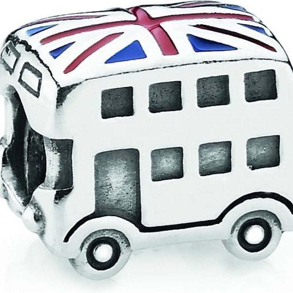 Genuine Retired PANDORA Double Decker Bus Charm w. Union Jack Flag; 791049ER